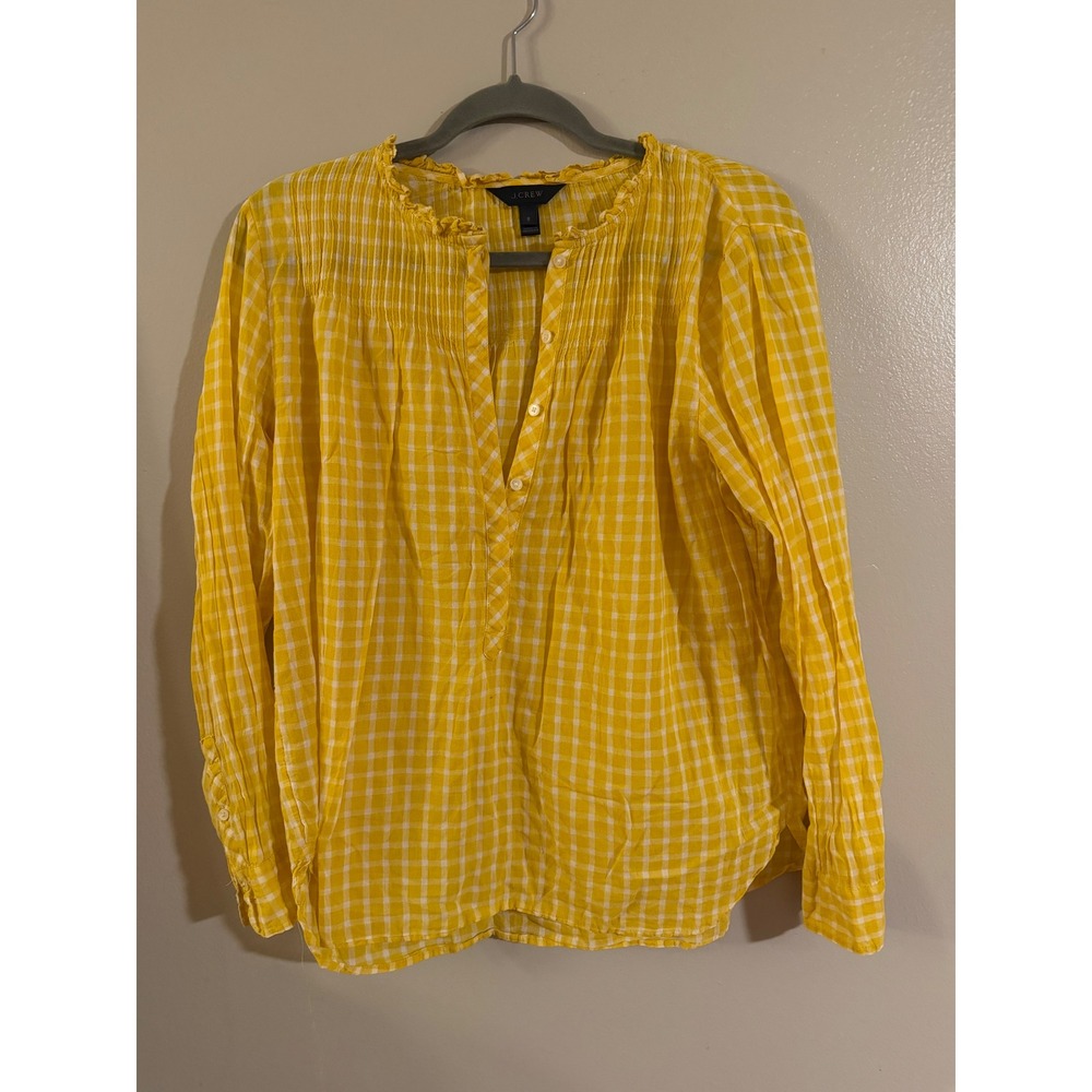 J.Crew Yellow Gingham Pintuck Ruffle Collar Blouse Long Sleeve Top Sz 8